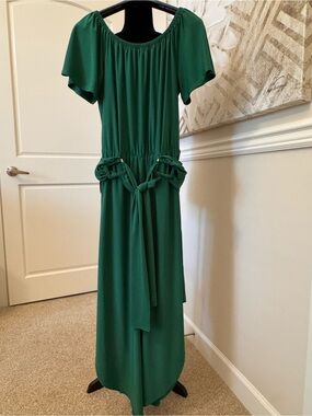 Emerald Green jumpsuit with Tie Waist. Uneven hem.